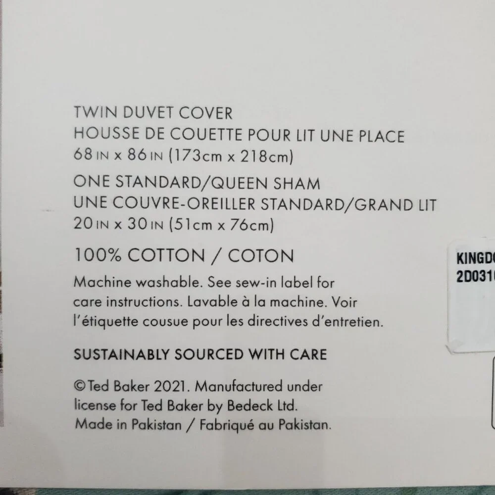 Ted Baker Kingdom Floral 100% Cotton 2 Piece Twin Duvet Cover Set